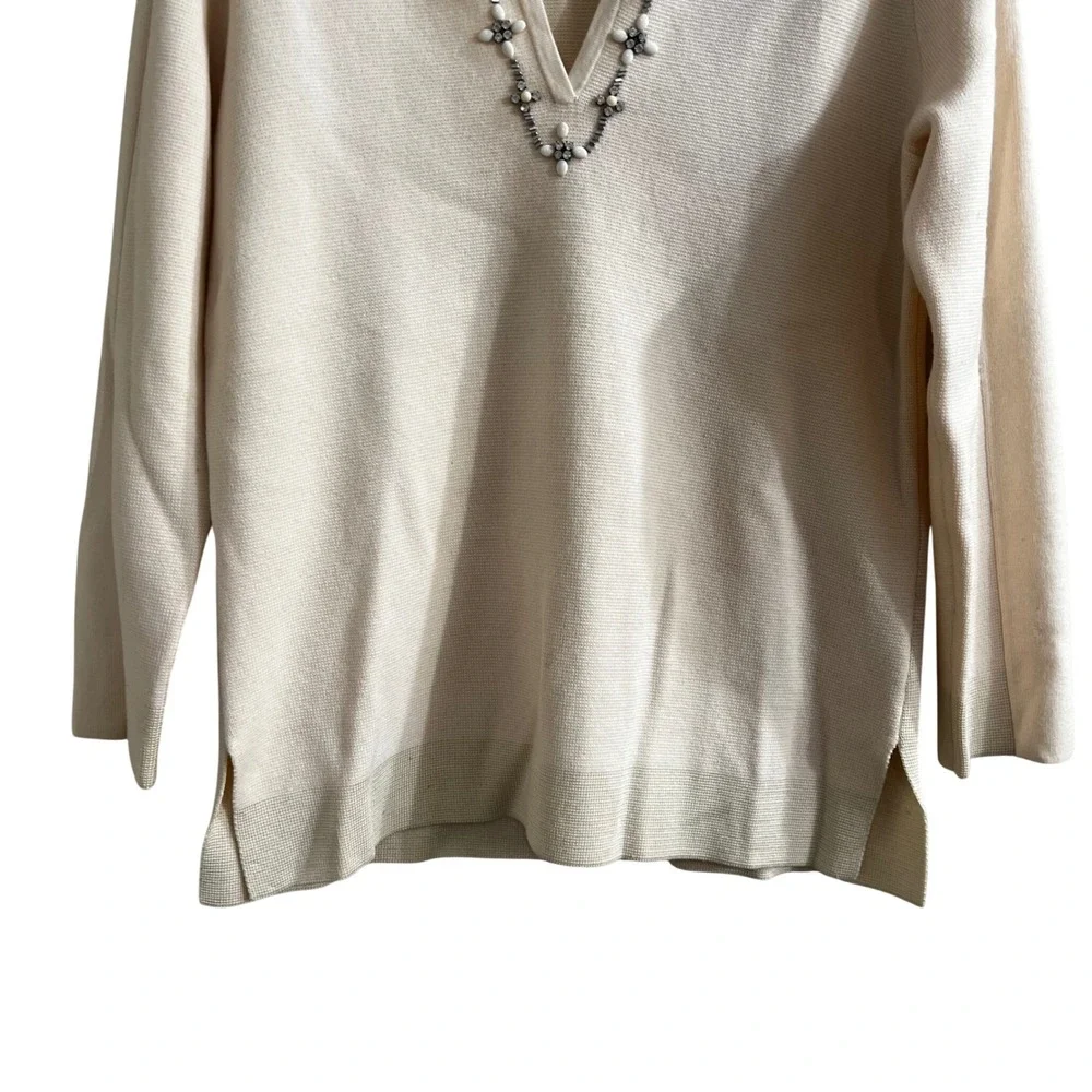 Tory Burch Embellished Merino Wool Sweater Cream Women Size M Crystal V-Neck